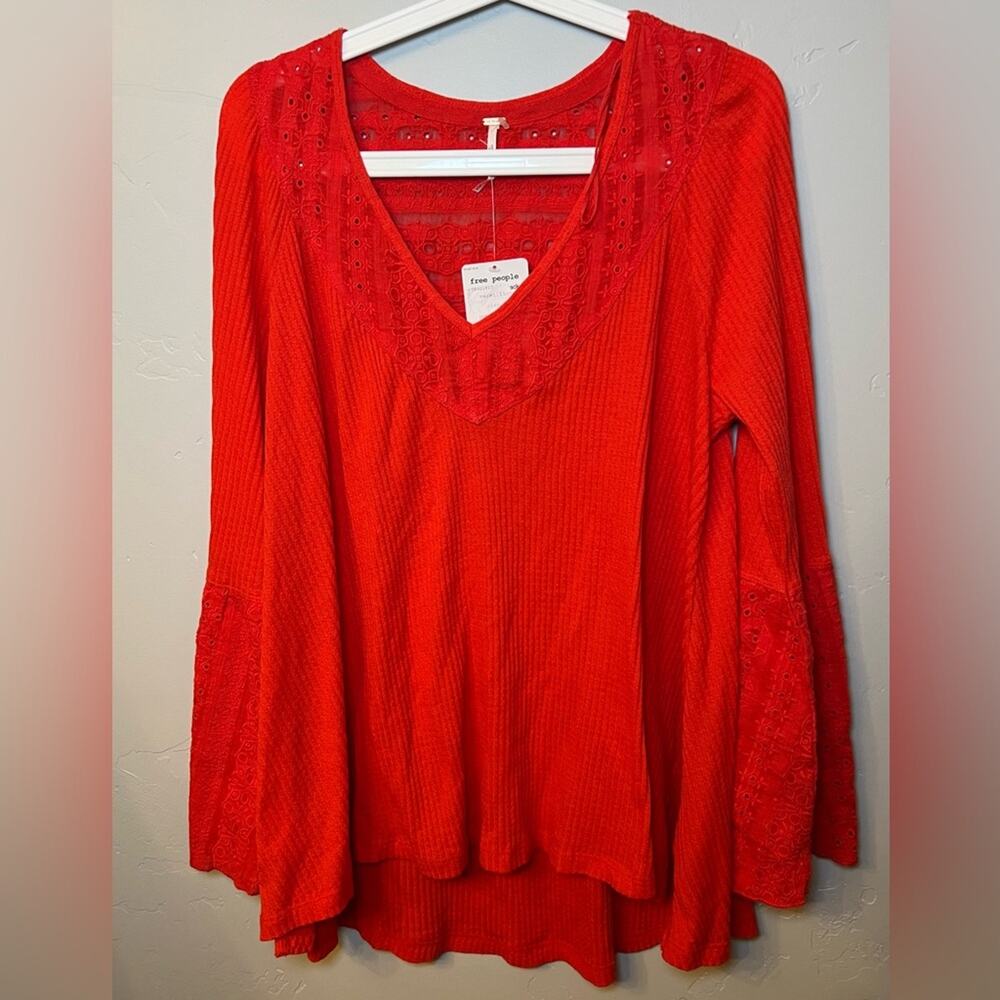 NWT Free People Parisian Nights Top in Vermillion Red Ribbed Eyelet Blouse Med - Picture 3 of 6